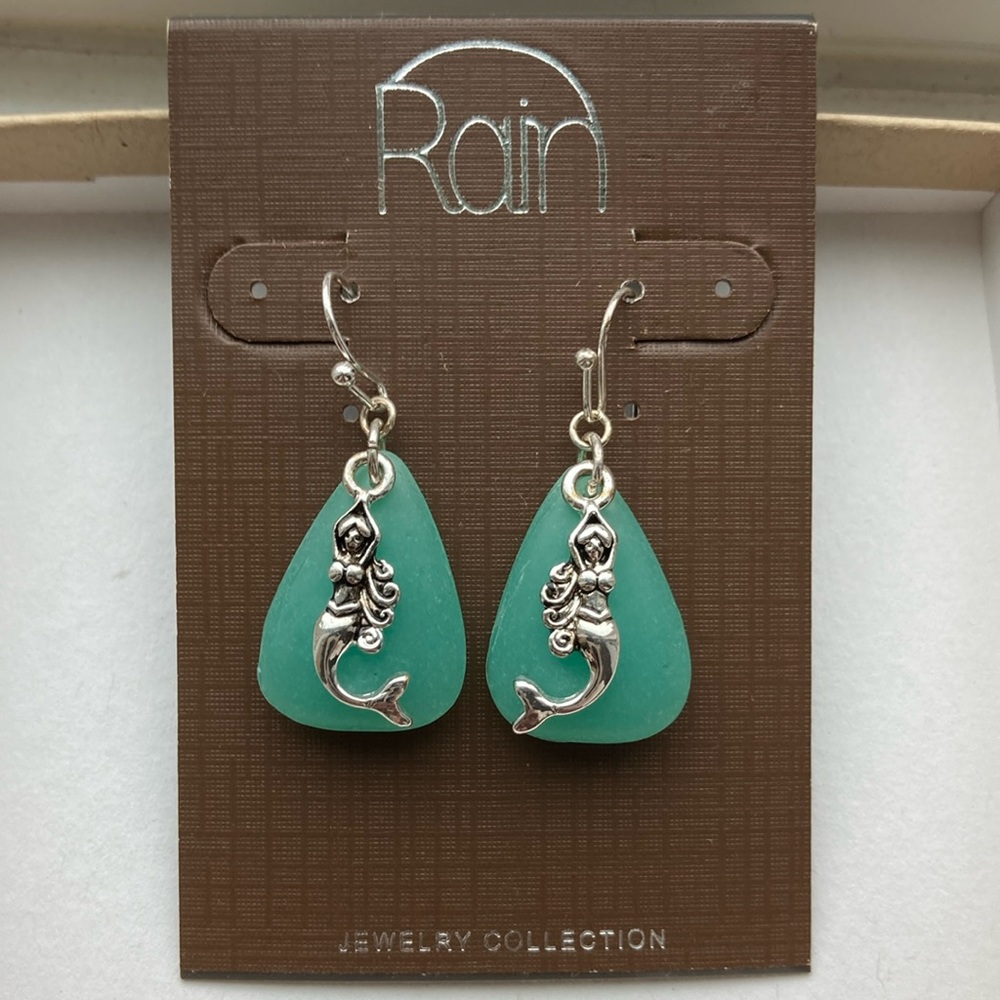 Dangling Silver Mermaid Earrings with Turquoise Sea Glass
